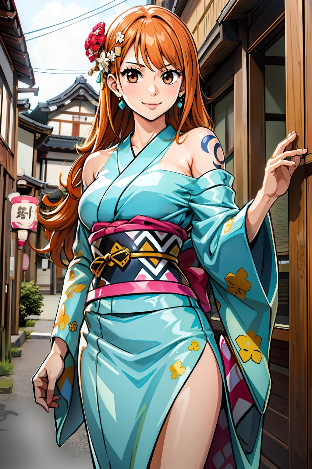 masterpiece, ((ultra detailed background, delicate pattern, intricate detail)), (highly detailed, fine details), best quality, ((medium breasts, slim girl)), NamiChan, 1girl, orange hair, solo, long hair, jewelry, ((medium breasts, slim girl, japanese clothes, kimono, left shoulder tattoo)), hair ornament, brown eyes, smile, earrings, (complex detailed background, outside, urban environent, traditional japanese town environment, japanese buildings, cowboy shot),