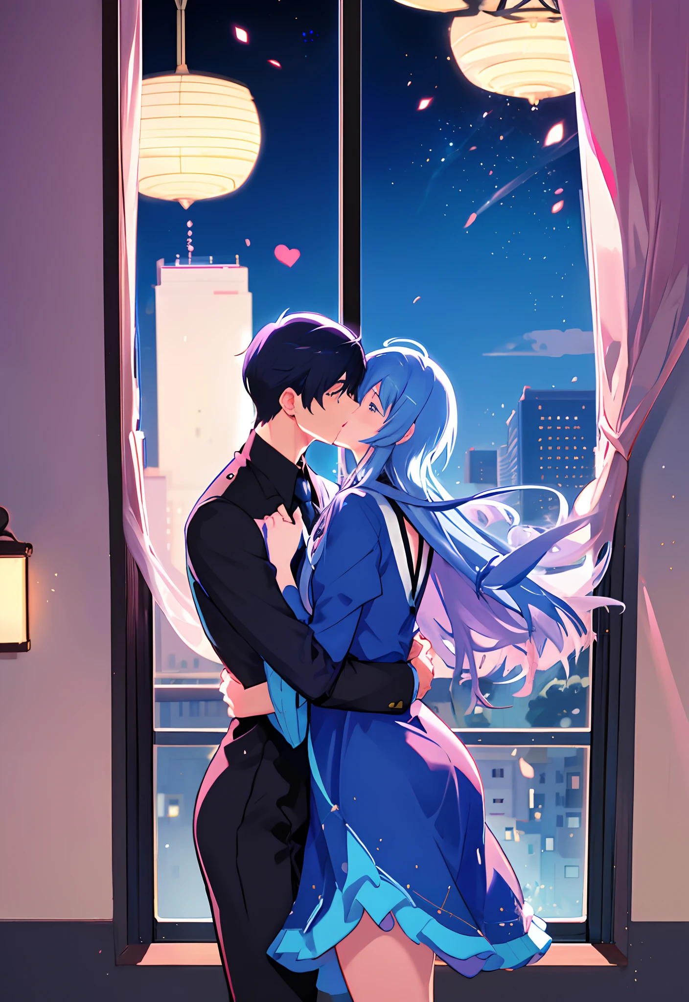 Anime-Paar küsst sich vor Fenster im Licht der Stadt, Zwei gutaussehende Anime-Männer, süß zusammen küssen, yaoi, sakimichan and frank franzzeta, Nick Silva und Ilya Kuvshinov, offizielle Fan-Kunst, Nixeu und Sakimichan, frank franzzeta and sakimichan, süße Jungs