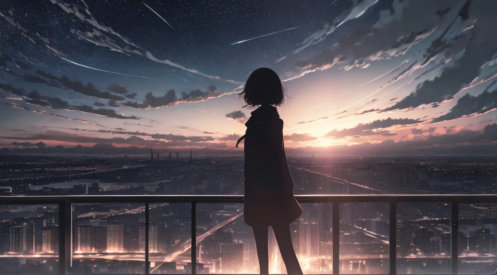 Anime,silhouette,1fille, étoile (ciel), nuage, villescape, bâtiment, ville, en plein air, cielscraper, ville lights, nuit, nuit ciel, coucher de soleil, cielline, ultra haute définition,