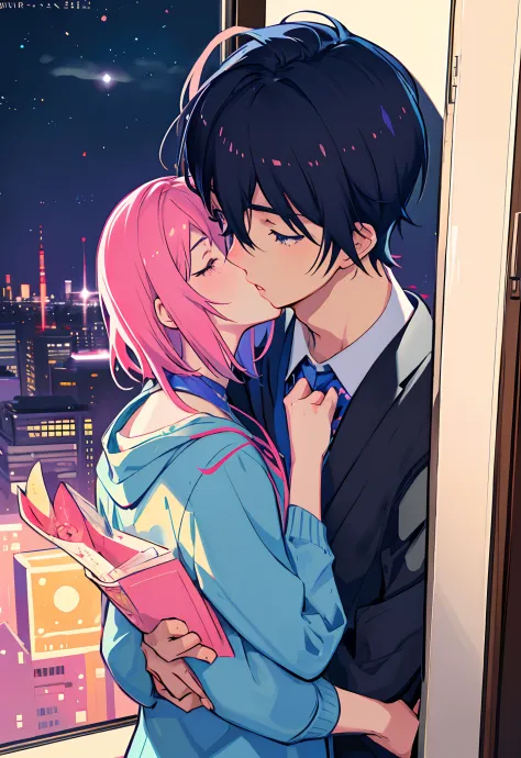 Anime couple kissing in front of window in city lights, Two anime handsome men, kissing together cutely, Yaoi, sakimichan and fr...