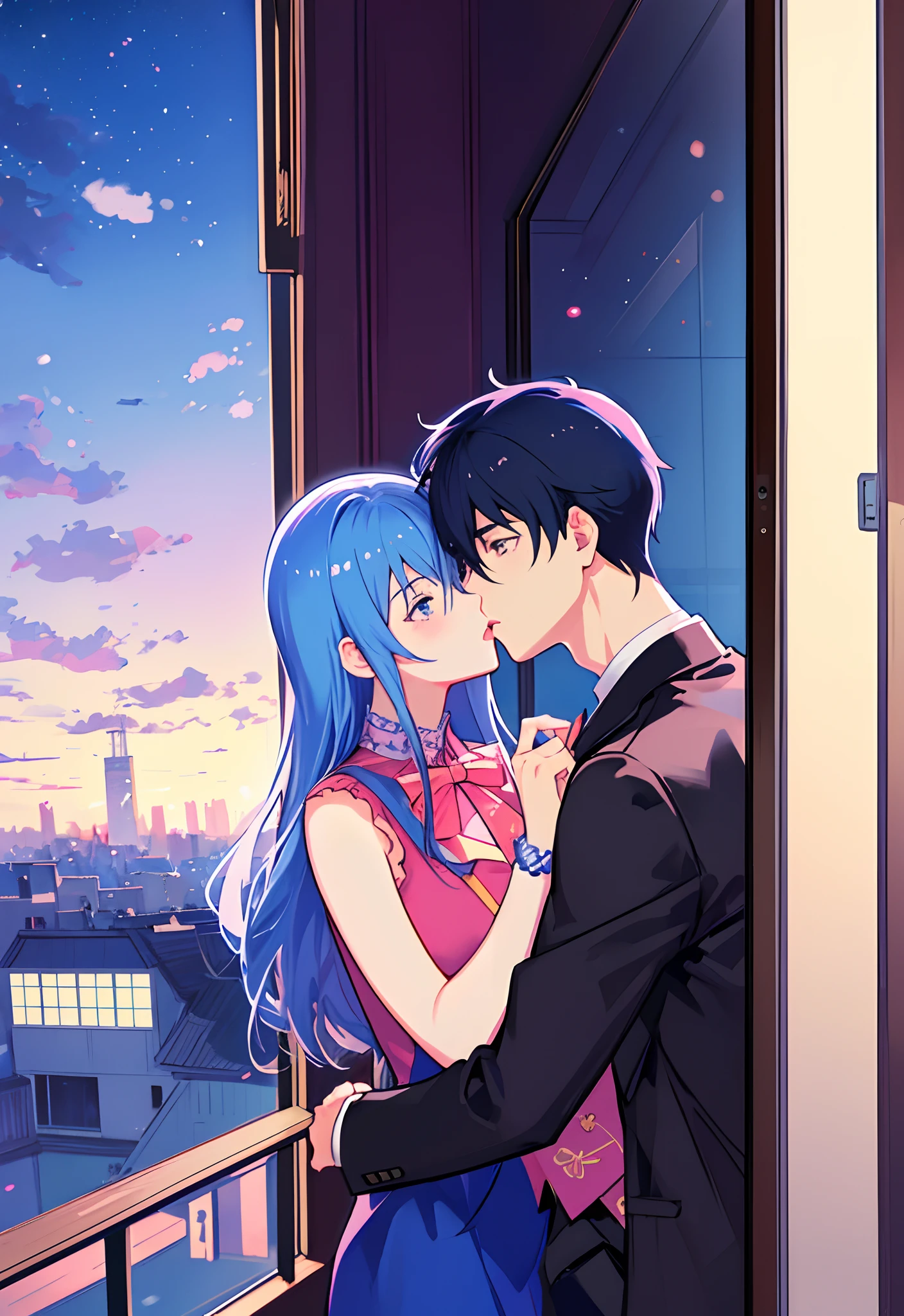 Anime couple kissing in front of window in city lights, Two anime handsome men, kissing together cutely, Yaoi, sakimichan and frank franzzeta, nick silva and ilya kuvshinov, official fan art, nixeu and sakimichan, frank franzzeta and sakimichan, Cute boys