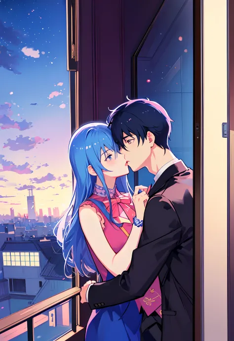 anime couple kissing in front of window in city lights, two anime handsome men, kissing together cutely, yaoi, sakimichan and fr...