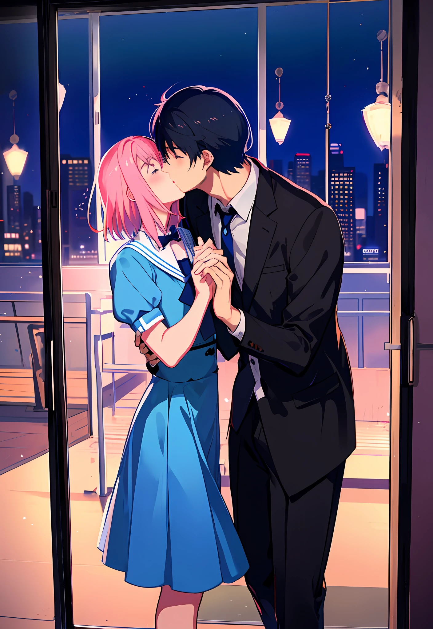 Anime couple kissing in front of window in city lights, Two anime handsome men, kissing together cutely, Yaoi, sakimichan and frank franzzeta, nick silva and ilya kuvshinov, official fan art, nixeu and sakimichan, frank franzzeta and sakimichan, Cute boys