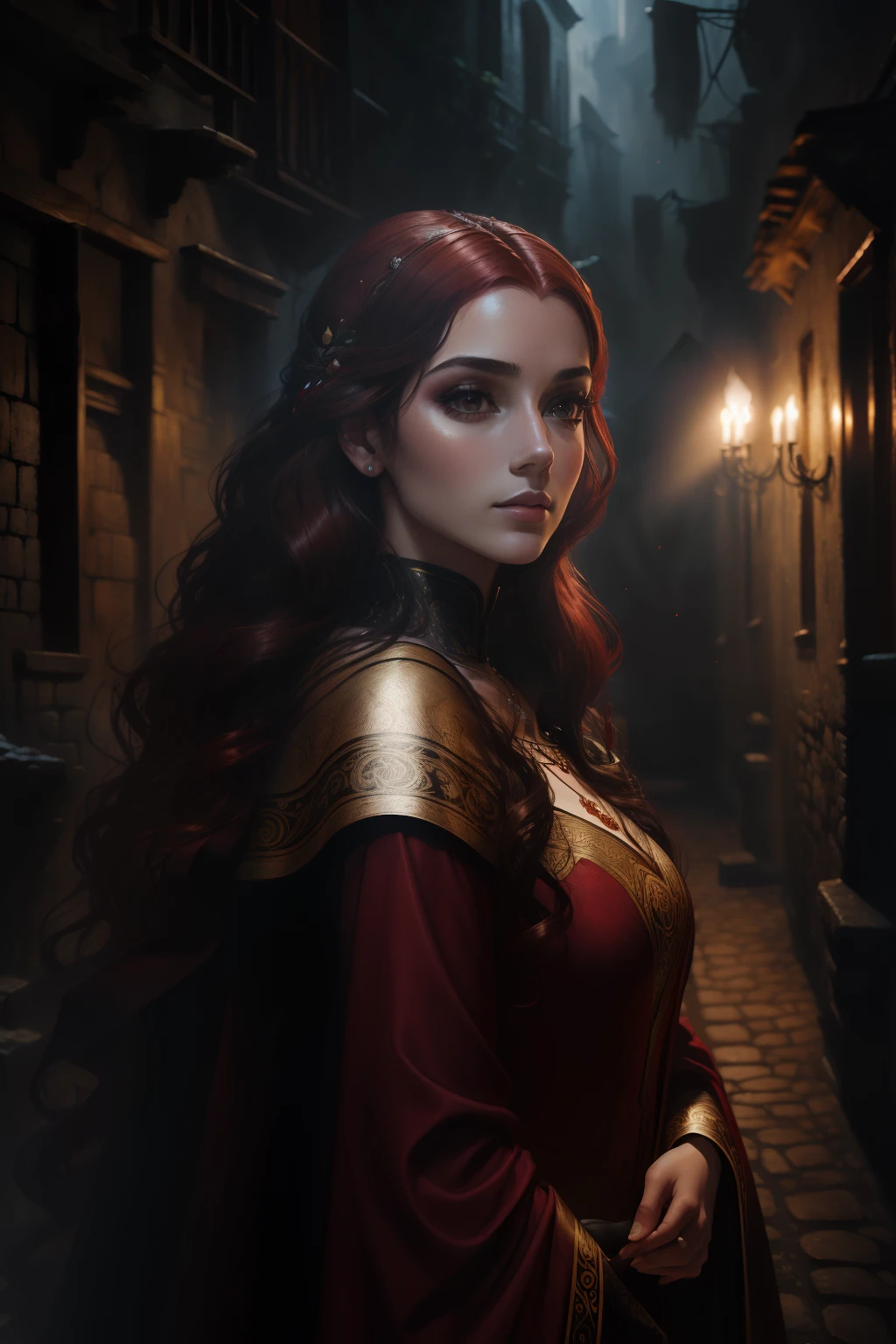 painting of a woman with red hair and a choke in a black dress, John Collier art style, maiden with copper hair, style of karol bak, uma jovem redheadwear, portrait of a young witch, Non Bowater art style, Directed by: Roberto Lenkiewicz, brom gerald, Albert Lynch, portrait of princess merida, Dave Sim, Red-haired girl in a shadowy palace, black and purple velvet dress wearing a kokoshnic, black luxurious dress, head adornment, Lace choker, Masterpiece artwork, highest quallity, (独奏), (face perfect: 1.3), (high détail: 1.2), dramatic, 1girl, angel, (pale skinned), long redhead hair, Red hair escuros, (Breasts huge), light eyebrows, long hair, natta, purple and black medieval princes clothes, lots of jewelry, head adornments, eyes browns, umbigo inked, pouty lips, Curvilinear, (arms behind back: 1.4), inked, Palace Detailed Background, art by artgerm and greg rutkowski, cinematic lighthing, pinks, lo fashion, BALENCIAGA, Alexander McQueen, glitter, Red hair acobreados, copper red hair, Red hair, mulher redheadwear, Red hair bonitos, redheadwear