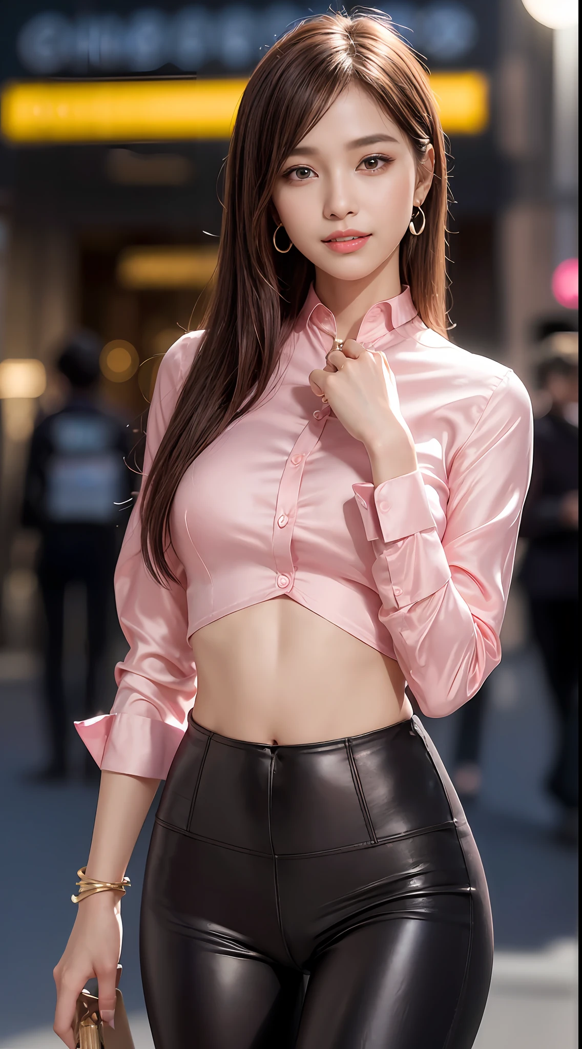 8k, masterpiece, RAW photo, best quality, photorealistic, extremely detailed CG unity 8k wallpaper, Depth of field, Cinematic Light, Lens Flare, Ray tracing, (extremely beautiful face, beautiful lips, beautiful eyes), intricate detail face, ((ultra detailed skin)) 1girl, in the dark, deep shadow, pretty korean girl, kpop idol, 1 girl, (very slim slender fit-muscled body:1.3), ((looking at viewer)),(big smile:1.3), (tight pink pants), (laced mini pants), (midnight, dark night, (neon sign), (blurred background), dim light), (without people in the background:1.3), beautiful earrings, bracelets, necklace, pantyhose, clear eyes, walking , front shot, (pale skin), (big eyes), face forward, (full body shot), ((silk hot pink shirt)), (brown hairs), (tight laced shirt), open navel, (looking at viewer:1.3) very slim, medium breasts, hermes bag, (camel toe), thick thighs, Hermes bag