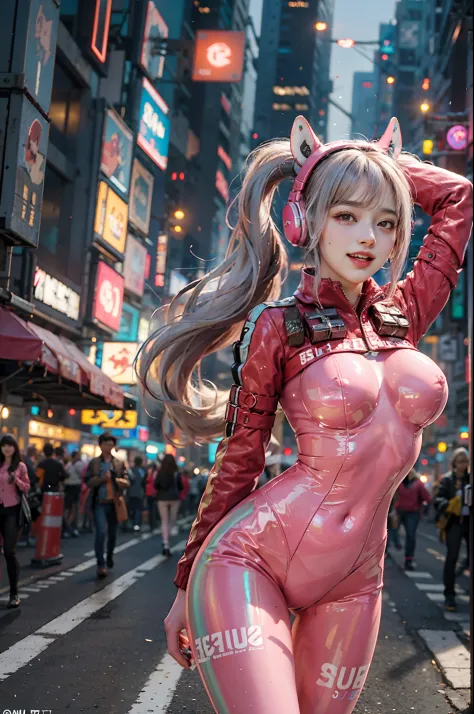 (RAW photo, best quality, masterpiece:1.2), (realistic, photo-realistic:1.4),(masterpiece:1.4),(best quality:1.4),1girl, solo, :d, cat ear headphones, arms up, bangs, blush, bodysuit, breasts, bunny pose, clothes writing, cowboy shot, cropped jacket, glove...