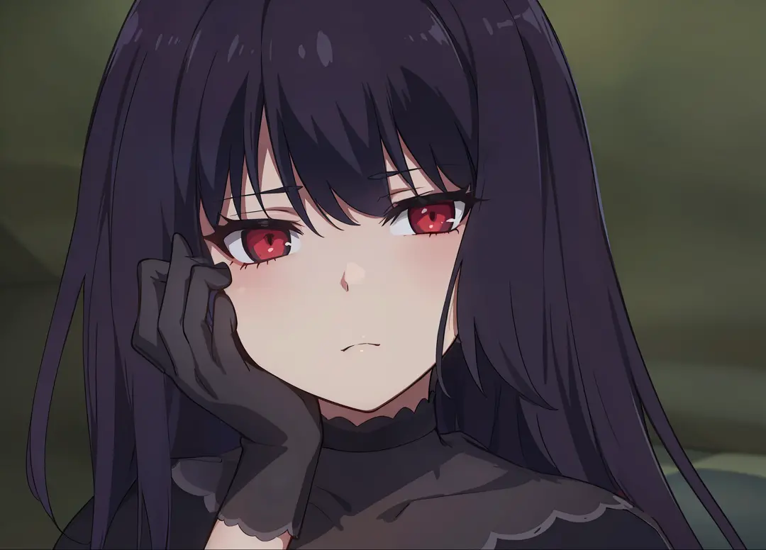 A  girl.  dark colored hair. red-eyes. Dark outfit.