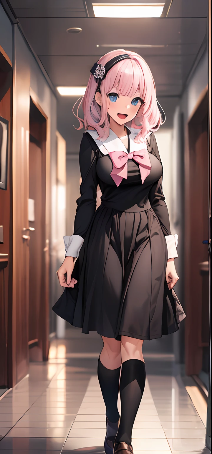 2d, masterpiece, best quality, anime, highly detailed, cowboy shot, 1girl, solo, fujiwara chika, blue eyes, pink hair, hair bow, black bow, , summer uniform, large breasts, standing, indoors, hallway, :d