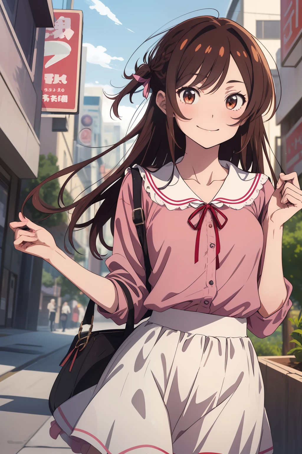 2d, masterpiece, best quality, anime, highly detailed, 1girl, solo, cowboy shot, chizuru, pink shirt, frilled shirt, white skirt, white collar, red ribbon, neck ribbon, collarbone, outdoors, smile