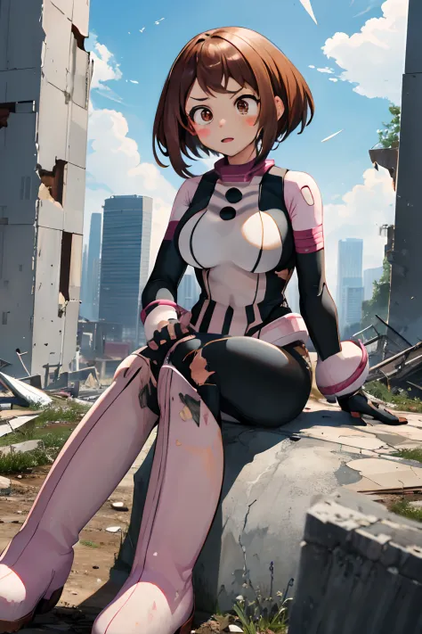 masterpiece, best quality, highres, hmochako, blush stickers, short hair, medium breasts, superhero, bodysuit, boots, ruins, bui...