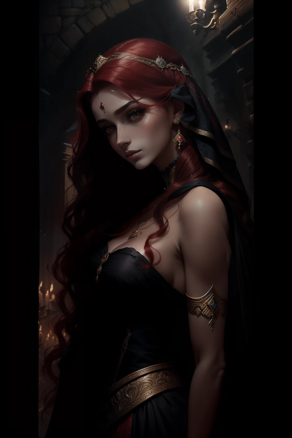 pintura de uma mulher com cabelo vermelho e um estrangulamento em um vestido preto, Estilo de arte de John Collier, Donzela com cabelo de cobre, estilo de Karol Bak, uma jovem Ruiva, Retrato de uma jovem bruxa, No Bowater Art Style, Dirigido por: Roberto Lenkiewicz, Geraldo Brom, Alberto Lynch, Retrato da Princesa Mérida, Dave Sim, Menina de cabelos vermelhos em um palácio sombrio, vestido preto e roxo de veludo usando um kokoshnic, roupa luxuosa de cigana, adorno de cabeça, Gargantilha de renda, obra-prima, mais alta qualidade, (Sozinho), (rosto perfeito: 1.3), (alto detalhe: 1.2), Dramático, 1 garota, anjo, (pele pálida), longos cabelos Ruivos, cabelos vermelhos escuros, (seios enormes), sobrancelhas claras, cabelo longo, noite, roupa de gypspy medieval de cor purpura e preta, muitas joias, adorno de cabeças, olhos castanhos, umbigo coberto, lábios carnudos, curvilíneo, (braços atrás das costas: 1.4), coberto, fundo detalhado do palácio, arte por artgerm e greg rutkowski, iluminação cinematográfica, , moda, Balenciaga, Alexander McQueen, Brilho, cabelos vermelhos acobreados, cabelos Ruivos acobreados, cabelos vermelhos, mulher Ruiva, cabelos vermelhos bonitos, Ruiv