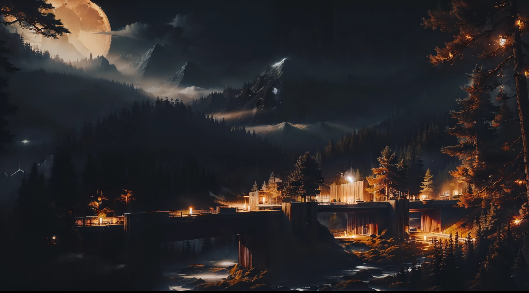 ночной лес с большим деревянным мостом между деревьями и горами, яркая луна в небе, светлячки и огни между деревьями и туман на земле