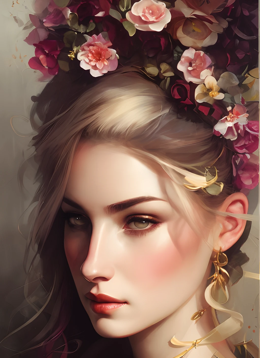 Charlie Bowater realistic Lithography sketch portrait of a woman, flowers, [gears], pipes, dieselpunk, multi-colored ribbons, old paper texture, highly detailed