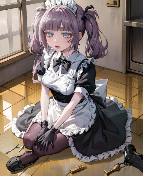 masterpiece, best quality, 1girl, solo, maid uniform, twintails, kneeling, seiza, maid