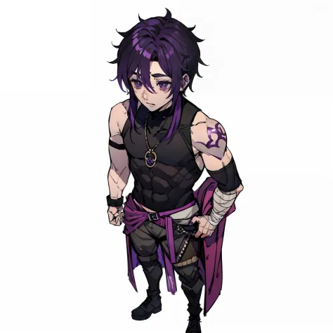 effeminate looking boy with purple hair, purple eyes, bags under his eyes from tiredness, top vermelho de gola alta, top vermelh...