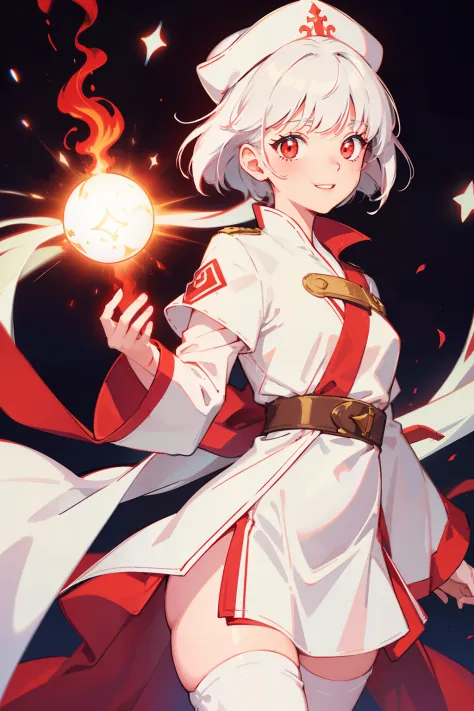 "cleric girl with white short hair, red eyes, a cheerful smile, and a soft cap, wearing a long white robe with long sleeves and ...