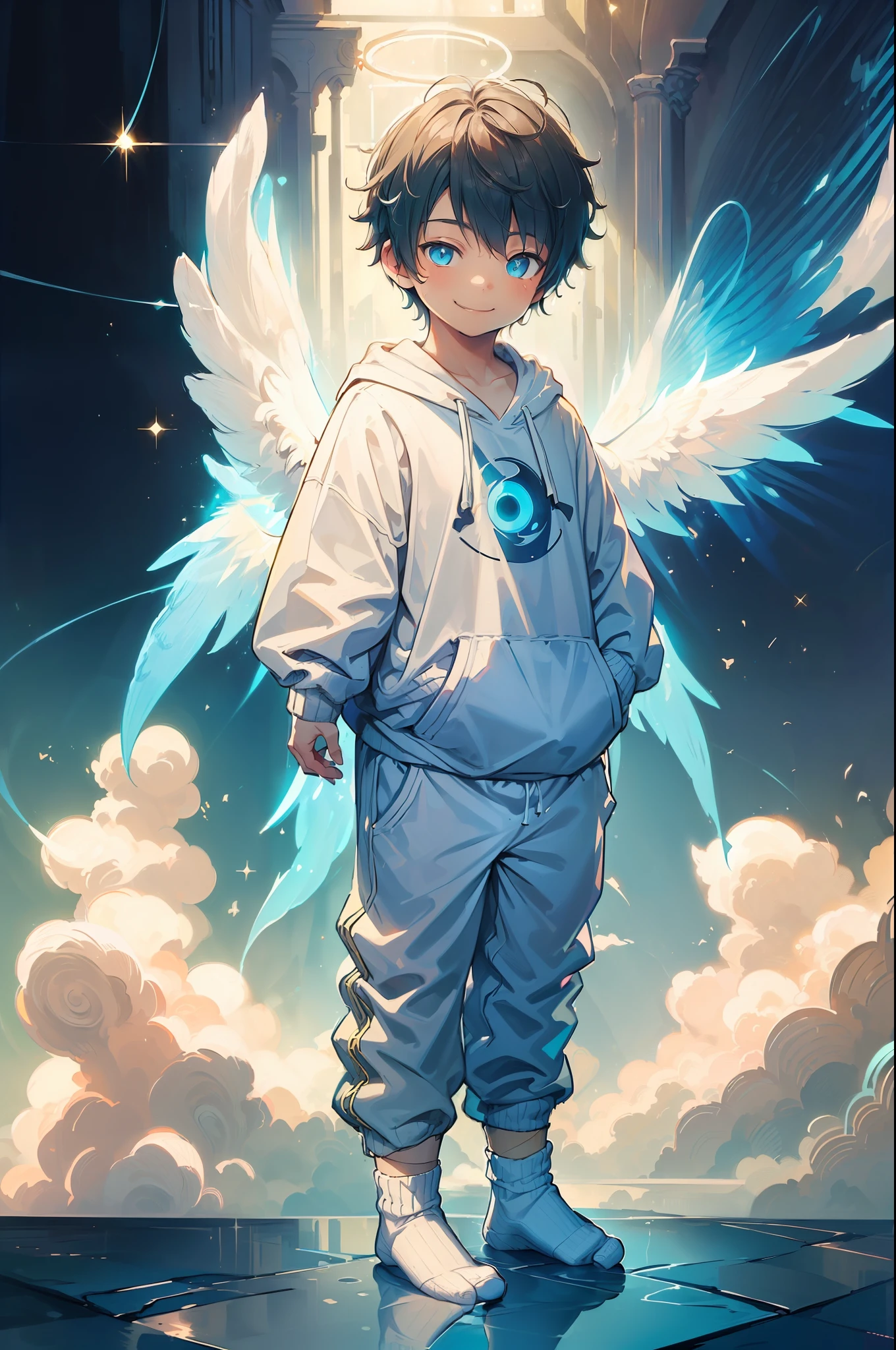 Masterpiece, chubby Little boy with dark cyan hair and shiny gold colored eyes and small socks wearing a hoodie and wings on his back, and oversized sweatpants sitting on a couch watching tv in a dark room and showing his soles, raining outside window, young, boy, , small, toddler, soft light, (sweatpants:1.4), (undersized socks:1.8), (Boy:1.4), (Shota:1.4), (Young:1.4), (Male:1.4), (smiling:1.4), (foot:1.6), (shy:1.4), (pastel:1.0), (colors:1.0), (cute colors:1.0), (night:1.0), (divine:1.4),