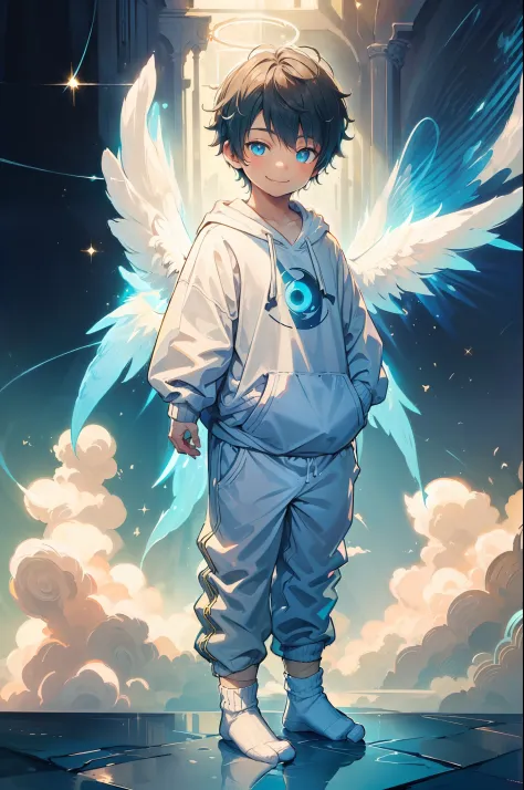 Masterpiece, chubby Little boy with dark cyan hair and shiny gold colored eyes and small socks wearing a hoodie and wings on his...