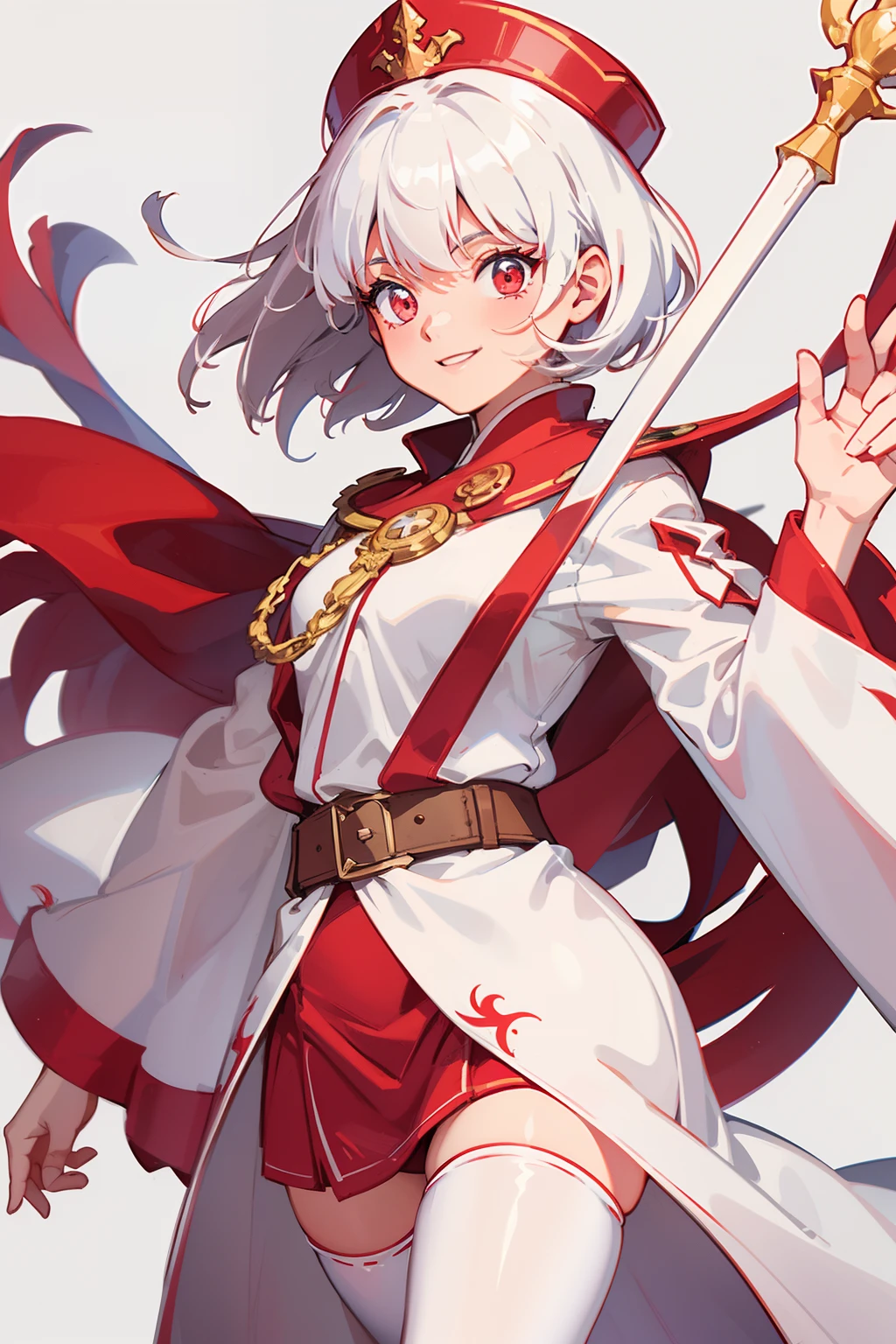 "Cleric girl with white short hair, red eyes, a cheerful smile, and a soft cap, wearing a long white robe with long sleeves and red leggins."