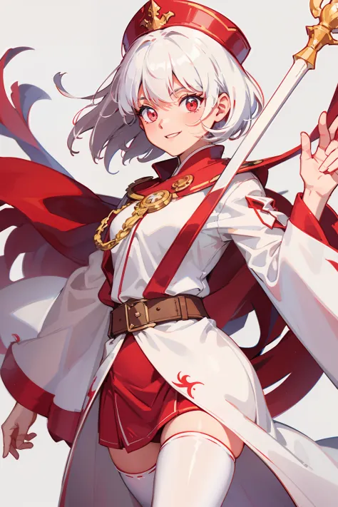 "Cleric girl with white short hair, red eyes, a cheerful smile, and a soft cap, wearing a long white robe with long sleeves and ...