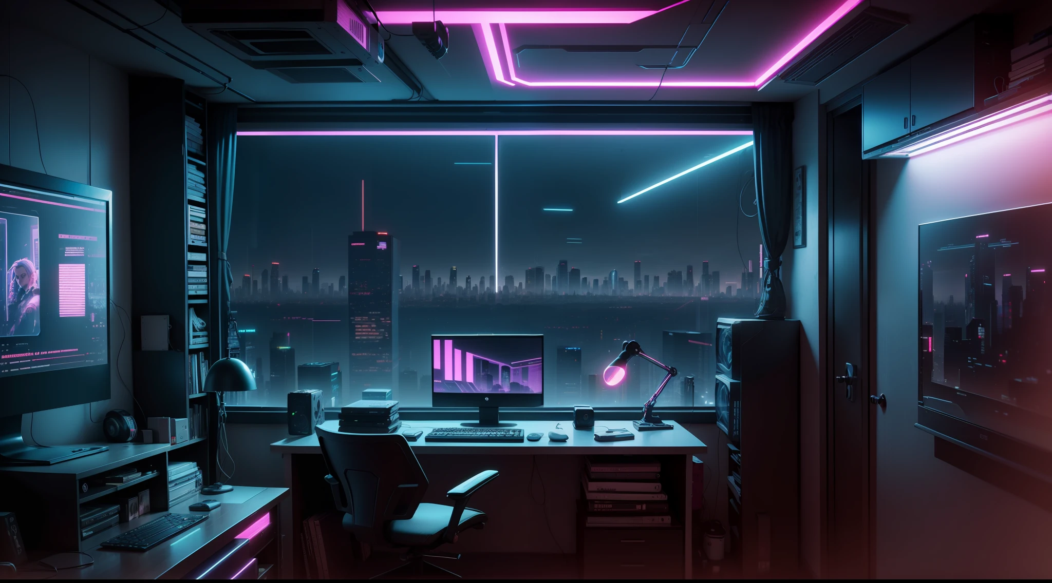 There is a computer desk with a monitor, Speakers & monitor, cyberpunk ...