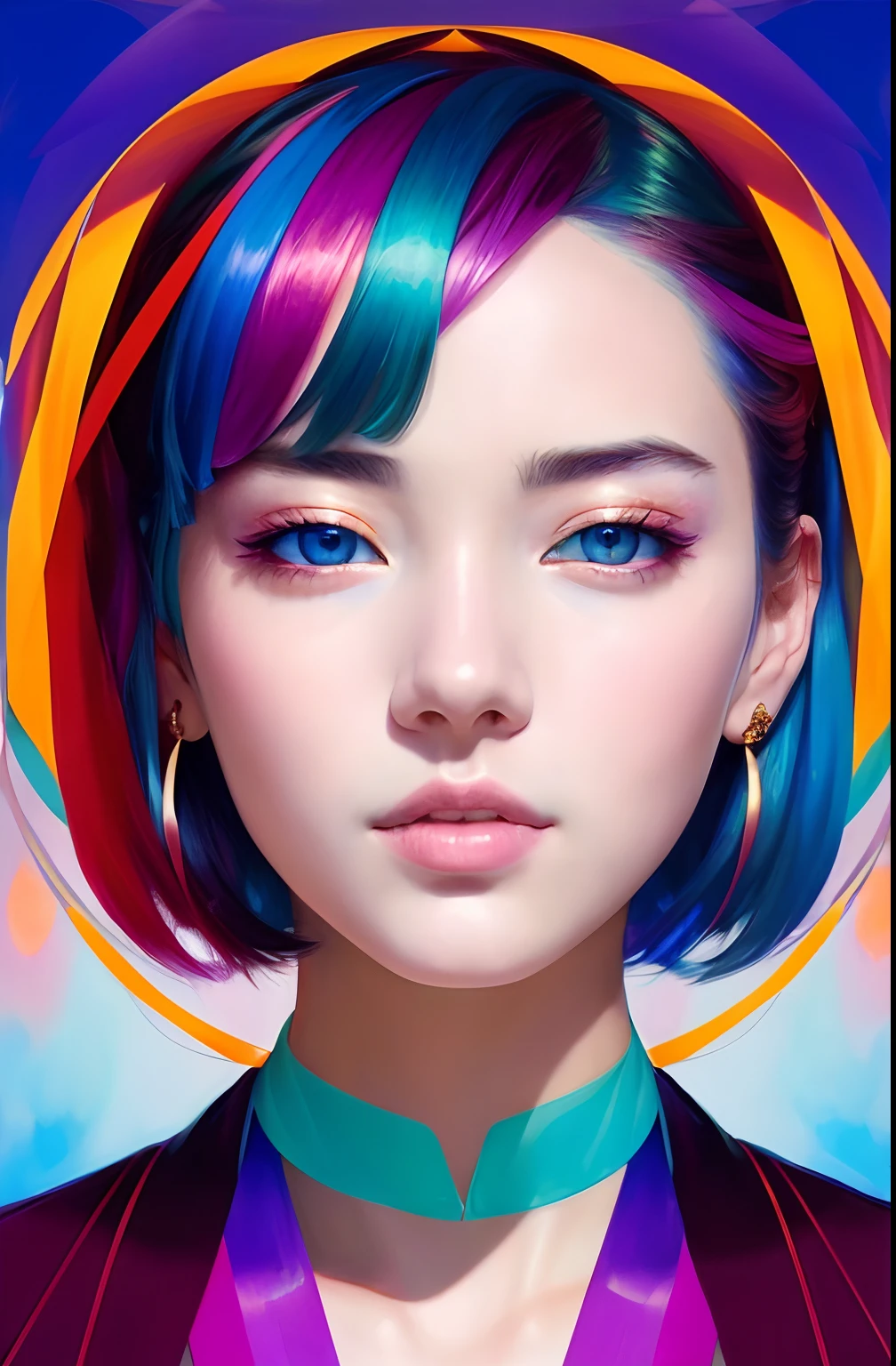 _james jean, floating female figure made of ribbons, smoke, in the sky, colorful and vibrant, mystical colors, contemporary impressionism, yanjun cheng portrait painting, iridescent painting, 3/4 perspective view, cute face, low angle, sweeping circling composition, large beautiful crystal eyes, big irises, UHD, HDR, 8K, (Masterpiece:1. 5), (the most beautiful portrait in the world:1.5)