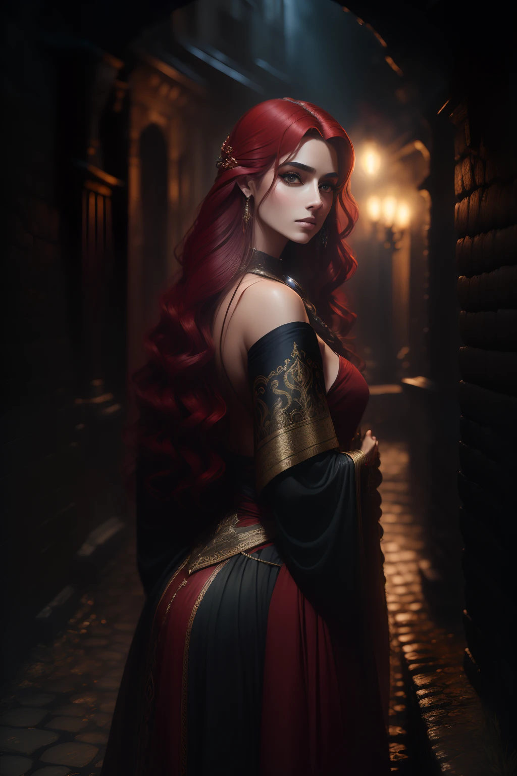 painting of a woman with red hair and a choke in a black dress, John Collier art style, maiden with copper hair, style of karol bak, a young redhead, portrait of a young witch, Non Bowater art style, Directed by: Roberto Lenkiewicz, brom gerald, Albert Lynch, portrait of princess merida, Dave Sim, Red-haired girl in a shadowy palace, black and purple velvet dress wearing a kokoshnic, luxury gypsy clothing, head adornment, Lace choker, Masterpiece artwork, highest quallity, (独奏), (face perfect: 1.3), (high détail: 1.2), dramatic, 1girl, angel, (pale skinned), long redhead hair, Red hair escuros, (Breasts huge), light eyebrows, long hair, natta, purple and black medieval gypspy outfit, lots of jewelry, head adornments, eyes browns, umbigo inked, pouty lips, Curvilinear, (arms behind back: 1.4), inked, Palace Detailed Background, art by artgerm and greg rutkowski, cinematic lighthing, , lo fashion, BALENCIAGA, Alexander McQueen, glitter, Red hair acobreados, copper red hair, Red hair, red-haired woman, Red hair bonitos, ruiv