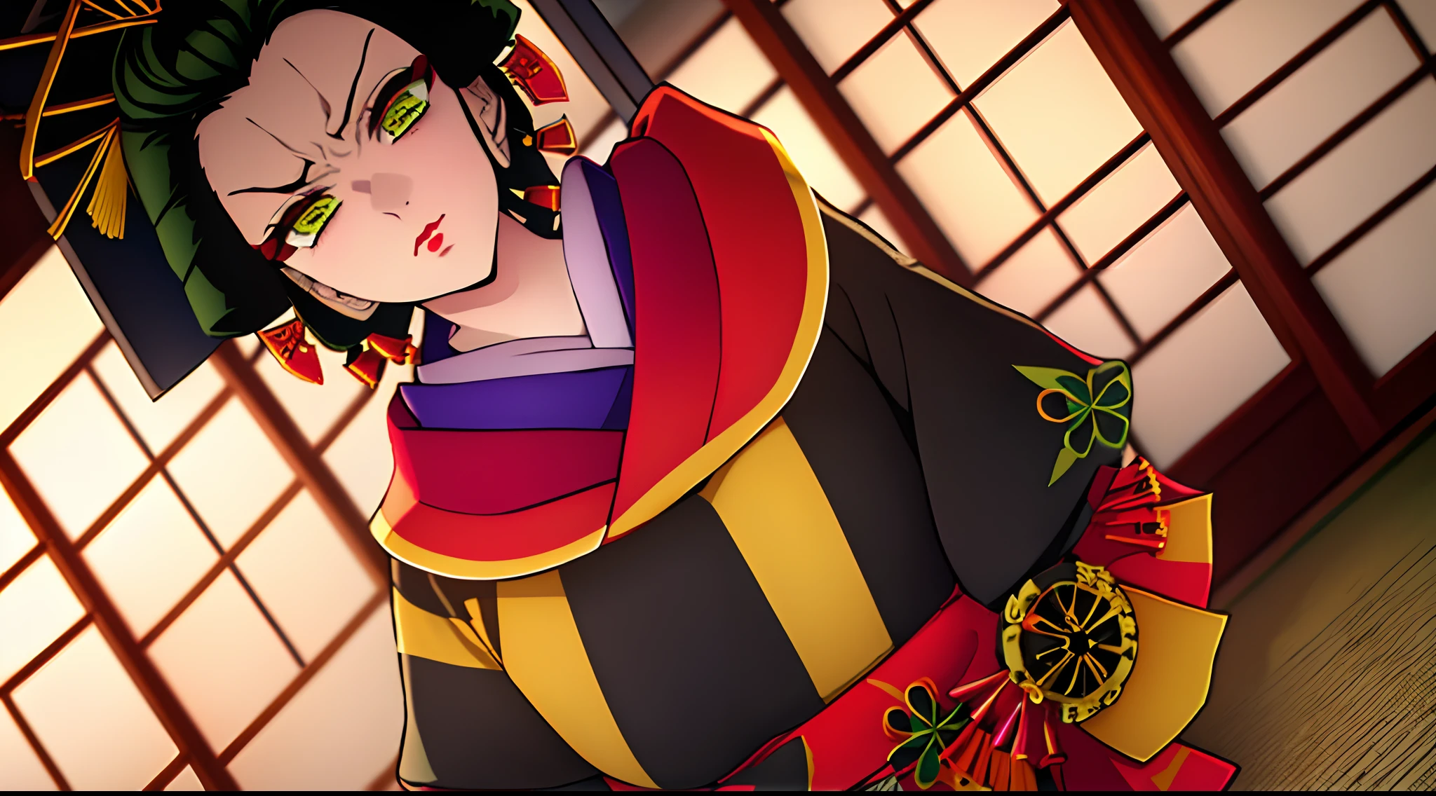 em, 1girl, 独奏, looking a viewer, black hair, hair ornament, Jewelry, closed mouth, Green eyes, Yellow eyes, japanese clothes, kimono, makeup, lipstick, slit pupils, glowing eyes, angry, red-lips, hair stick, indoors, on the tatami