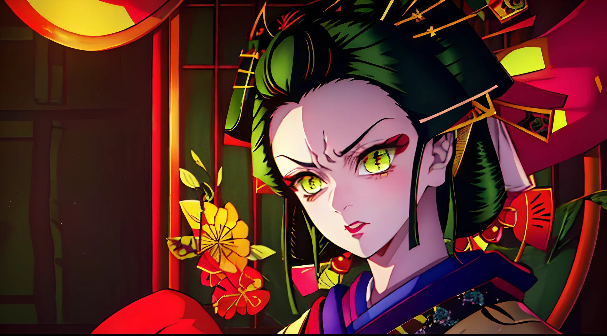 em, 1girl, 独奏, looking a viewer, black hair, hair ornament, Jewelry, closed mouth, Green eyes, Yellow eyes, japanese clothes, kimono, makeup, lipstick, slit pupils, glowing eyes, angry, red-lips, hair stick