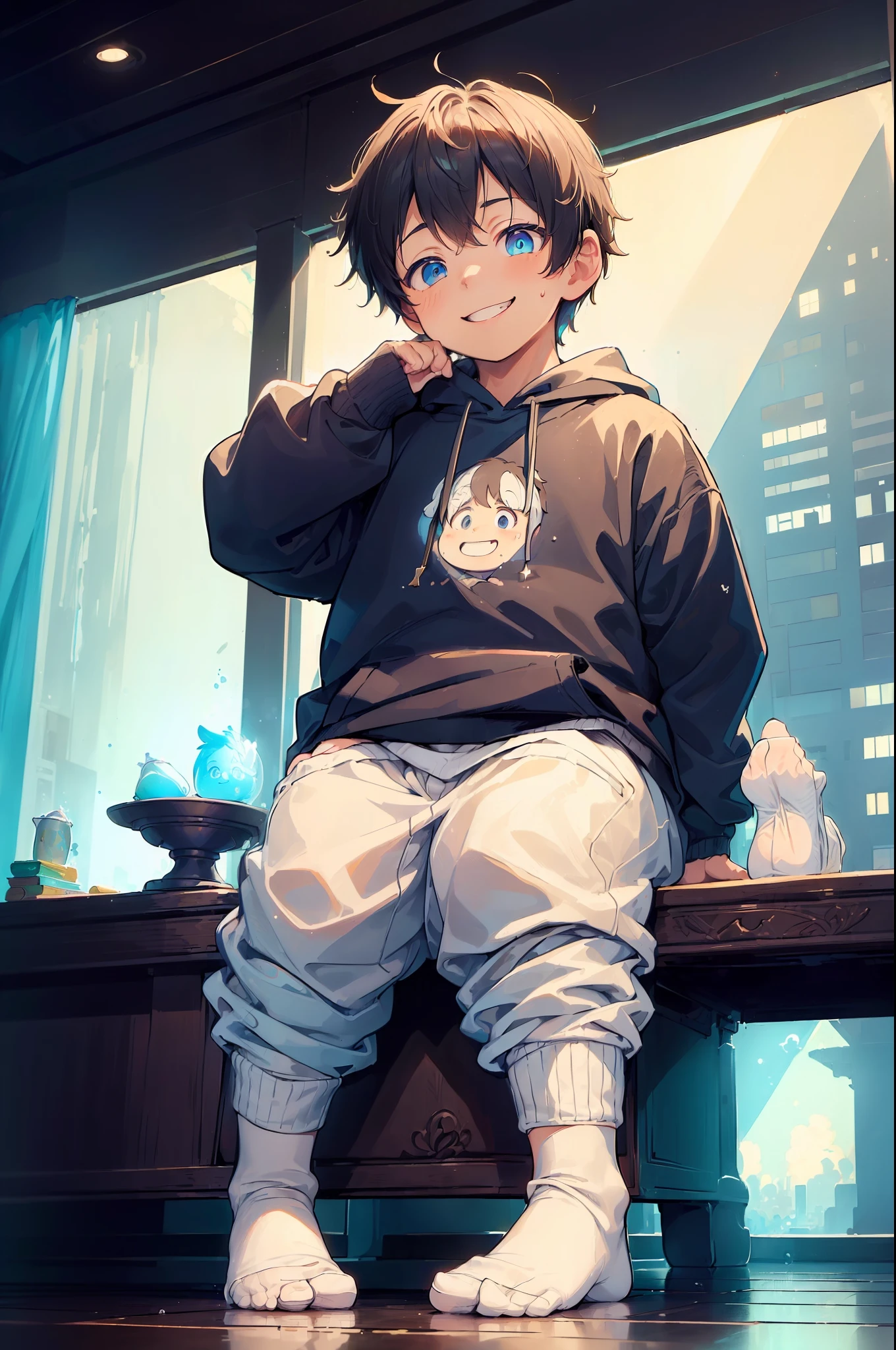 Masterpiece, chubby Little boy with dark cyan hair and shiny gold colored eyes and small socks wearing a hoodie, and oversized sweatpants sitting on a couch watching tv in a dark room and showing his soles, raining outside window, young, boy, , small, toddler, soft light, (sweatpants:1.4), (undersized socks:1.6), (Boy:1.4), (Shota:1.4), (Young:1.4), (Male:1.4), (smiling:1.4), (foot:1.6), (shy:1.4), (pastel:1.0), (colors:1.0), (cute colors:1.0), (night:1.0), (foot sole:1.5),