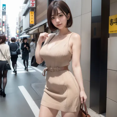 Streets of Tokyo,Wearing a beige knitted dress,Wearing a V-neck dress,wearing miniskirt,Cleavage is visible,A dark-haired,short-...