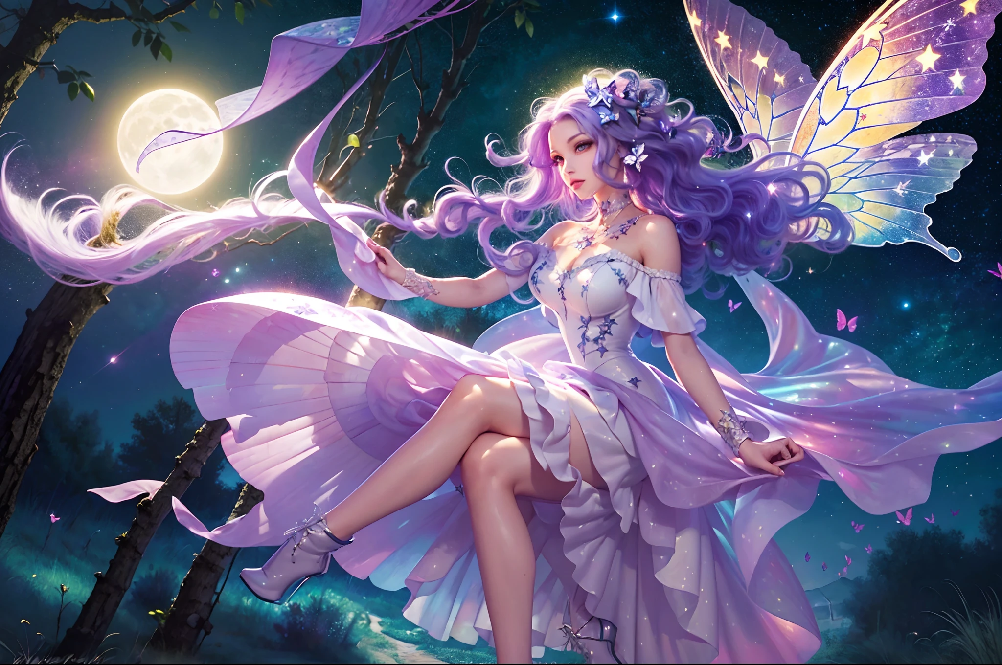 ((((masterpiece, best quality, high resolution)))), Extremely detailed 8K, (ultra detailed), full body, ultra wide shot, photorealism, fantasy art, D&D art,  a picture of an exquisite beautiful fairy woman flying at starry night sky at the forest, dynamic angle (ultra detailed, Masterpiece, best quality), ultra detailed face (ultra detailed, Masterpiece, best quality), ultra feminine, fare skin, azure hair, wavy hair, dynamic eyes color, glowing eyes, intense eyes,  wearing white dress, elegant silk dress (ultra detailed, Masterpiece, best quality), having butterfly wings (ultra detailed, Masterpiece, best quality), wearing high heeled boots, sky full of stars background, moon,