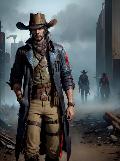 cowboys are walking through a dusty town with a gun in hand, cyberpunk wild west, post - apocalyptic cowboy, jesse mccree, weste...