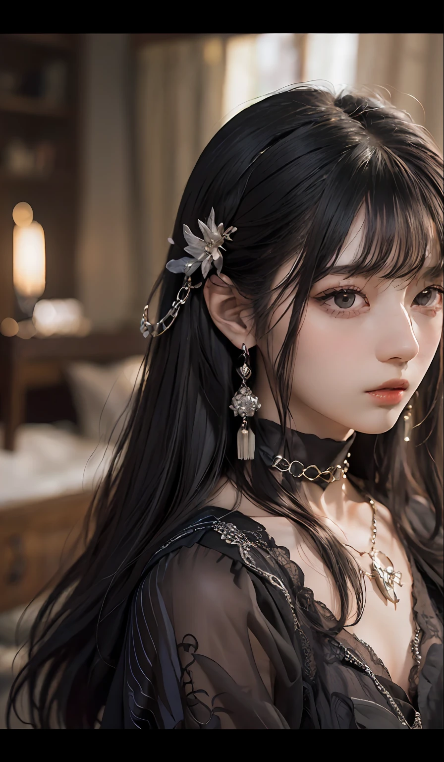 ((top-quality、​masterpiece:1.3))、sharp:1.2、Perfect Body Beauty:1.1)、Highly detailed facial and skin texture、Detailed eye、fancy、(Pure black dress:1.3)、(chains:1.3)、double eyelid、((Longhaire:1.5))、(dark brown  hair)、(well-groomed bangs:1.2)、((One Woman))、fantasy castle、tying  hair、Black Princess、darkened room、Darkness Falls、The Princess Who Turned Evil、Fallen into evil、Evil Princess、a necklace、Luxurious ornaments、