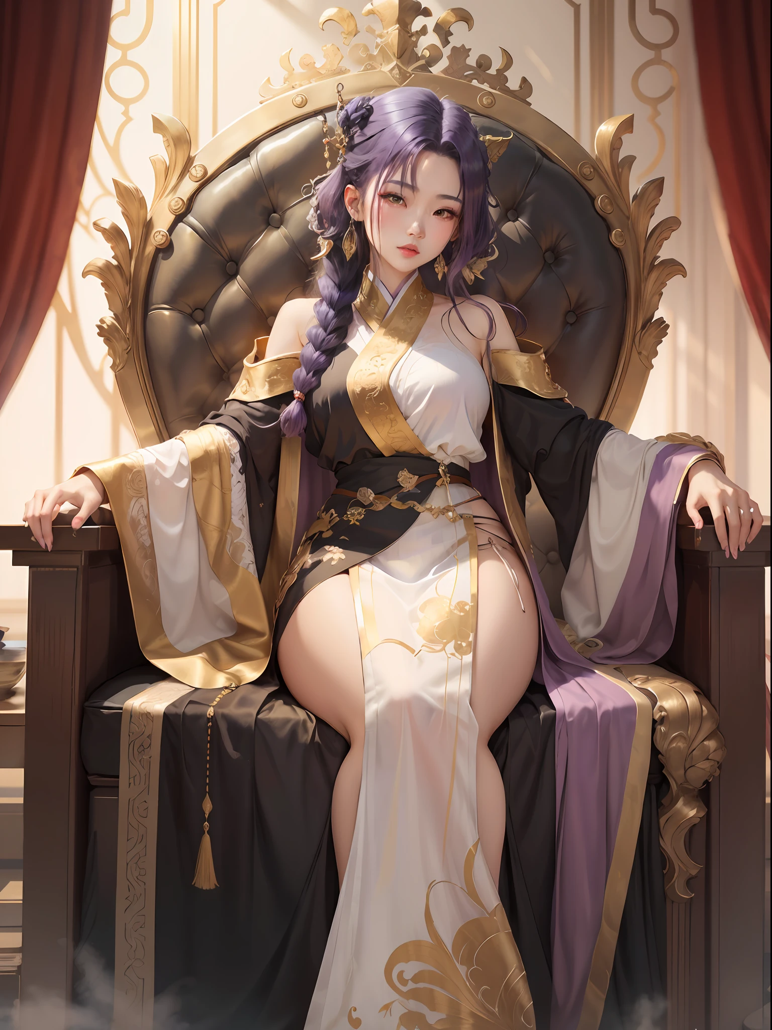 asian girl curly purple hair, mafia outfit, golden throne, fantasy world