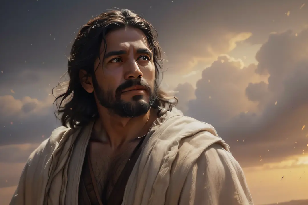 Um lindo retrato realista ultrafino de Jesus , o profeta, um homem 33 anos Hebreu moreno, apontando o dedo para frente curto cab...