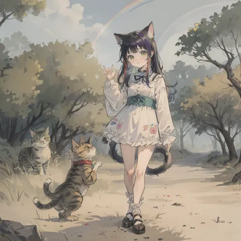 Cats((Take a cute cat 1.5))、((Best quality1.2))、((​masterpiece))、((rainbow-colored hair))、in woods、