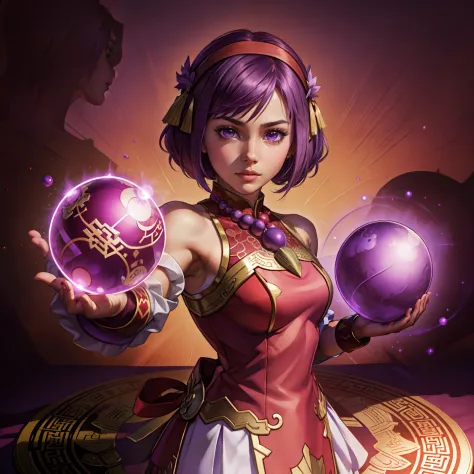 (best quality:1.1), (masterpiece:1.2), anime, anime accurate, high-quality shadow, beautiful detailed, (high detailed skin, skin details), cowboy shot, 1girl, solo, ((athenams)), purple hair, (red hairband, star hairpin) chinese clothes, red dress, (purple...
