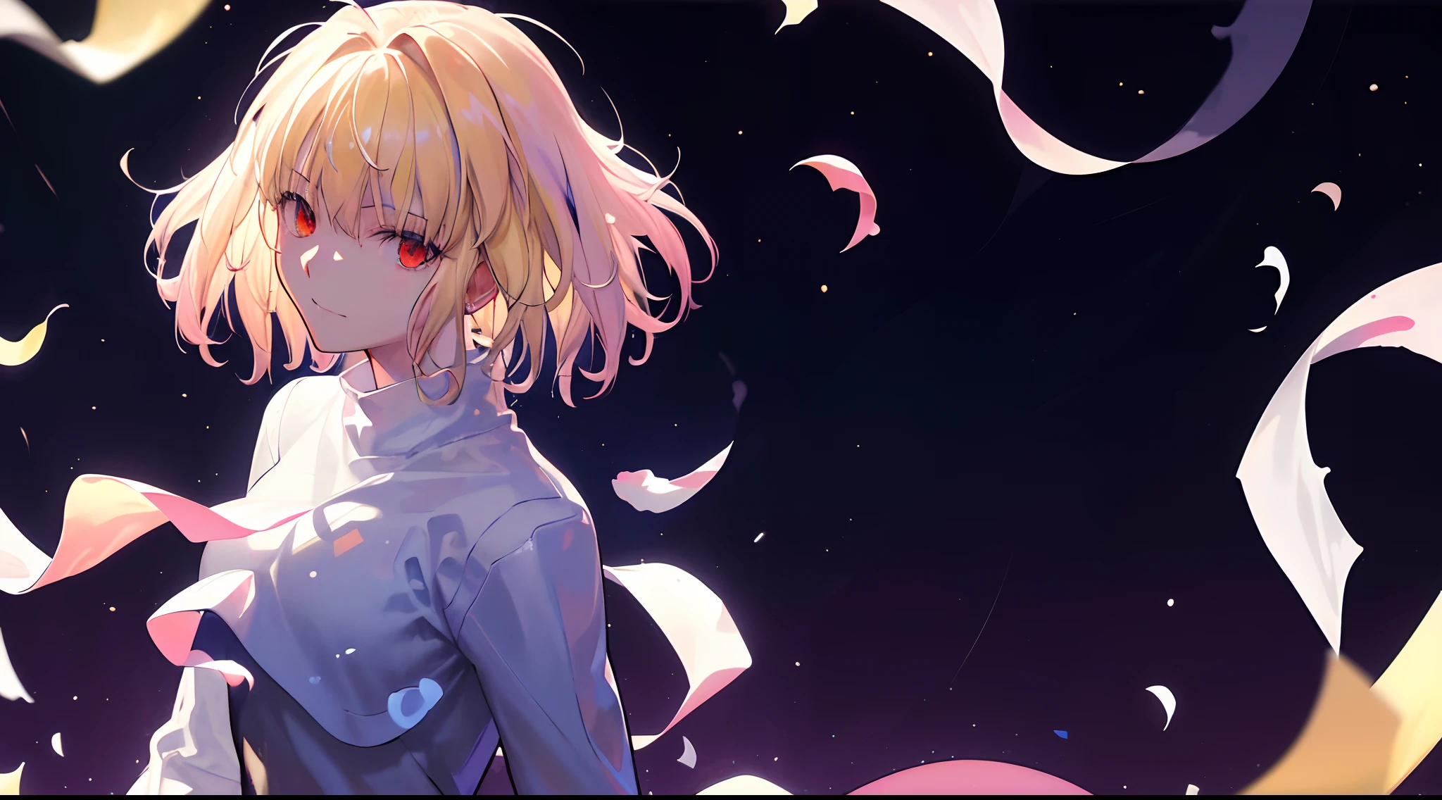 Arcueid \\(Tsukihime\\),Arcueid \\(sweater_Longuette\\),1girl,独奏,(Cowboy shot:1.2),Average Breasts, A smirk on his face, White Turtleneck, short skirt,night  sky, the stars, ((Masterpiece)), ((portraite of a)), in a Japanese house, (tmasterpiece), (beste-Qualit), (overdetalization),(messy  hair),(illustartion), (a 1girl), (trendy clothes), stands, Model, looks at the viewer, (interview), (Simple background), beautiful detail eyes, Gentle beautiful face, soaring, (high saturation), (Colorful splashes), Colorful Bubble, (radiance), facial focus, (radiance), better lighting, better shadow, (tmasterpiece, hiquality, beste-Qualit), 8k wall paper, super detaill,