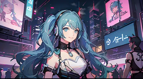 Emerald hair、miku hatsune、Woman with headphones stands at future event venue、Very pleasant look、a smile、Dance Music Festival、Mus...