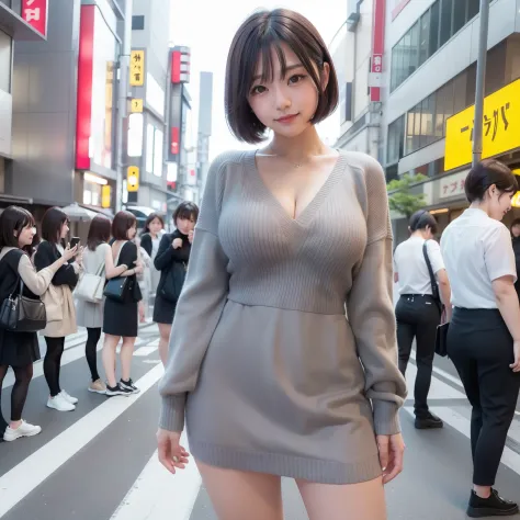 Streets of Tokyo,Wearing a gray knitted dress,Wearing a V-neck dress,wearing miniskirt,Cleavage is visible,A dark-haired,short-h...