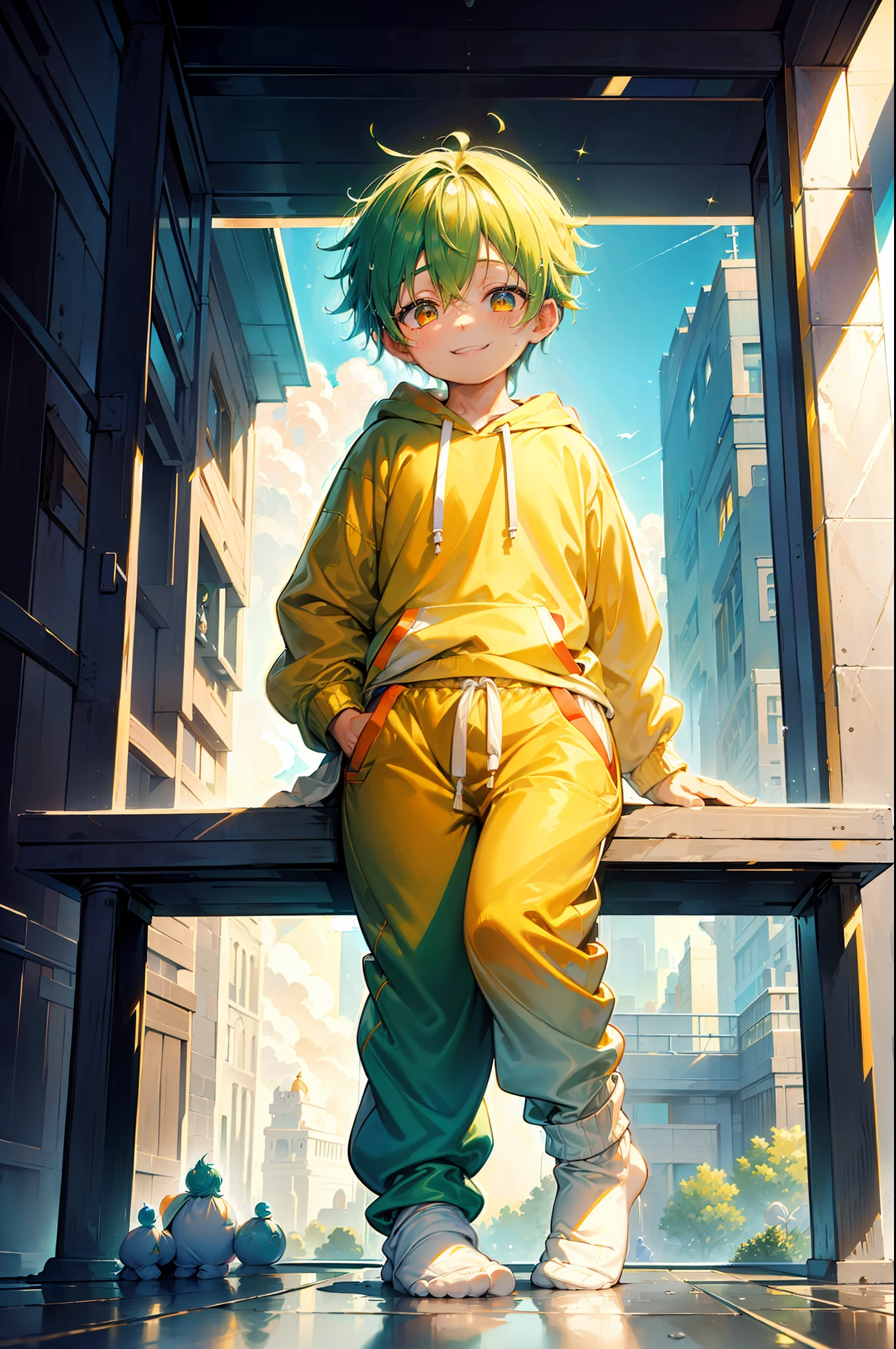 Masterpiece, chubby Little boy with green hair and shiny bright orange colored eyes and small socks wearing a hoodie, and oversized sweatpants sitting in a his room, raining outside window, young, boy, child, small, toddler, soft light, (sweatpants:1.4), (undersized socks:1.4), (Boy:1.4), (Shota:1.4), (Young:1.4), (Male:1.4), (smiling:1.4), (foot:1.4), (shy:1.4), (pastel:1.0), (colors:1.0), (cute colors:1.0), (divine:1.0),