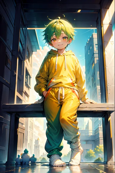 Masterpiece, chubby Little boy with green hair and shiny bright orange colored eyes and small socks wearing a hoodie, and oversi...