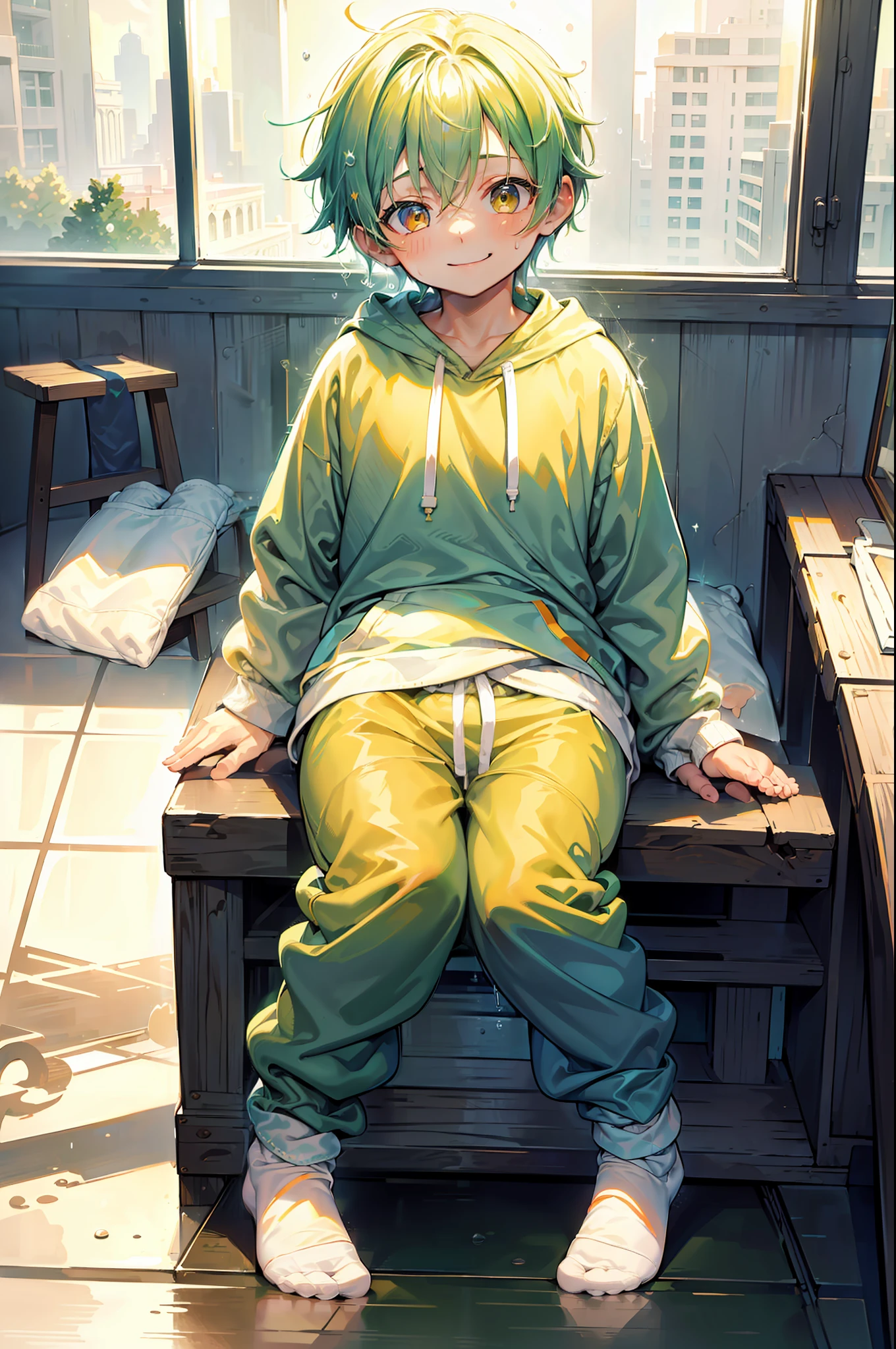 Masterpiece, chubby Little boy with green hair and shiny bright orange colored eyes and small socks wearing a hoodie, and oversized sweatpants sitting in a his room, raining outside window, young, boy, , small, toddler, soft light, (sweatpants:1.4), (undersized socks:1.4), (Boy:1.4), (Shota:1.4), (Young:1.4), (Male:1.4), (smiling:1.4), (foot:1.4), (shy:1.4), (pastel:1.0), (colors:1.0), (cute colors:1.0), (divine:1.0),
