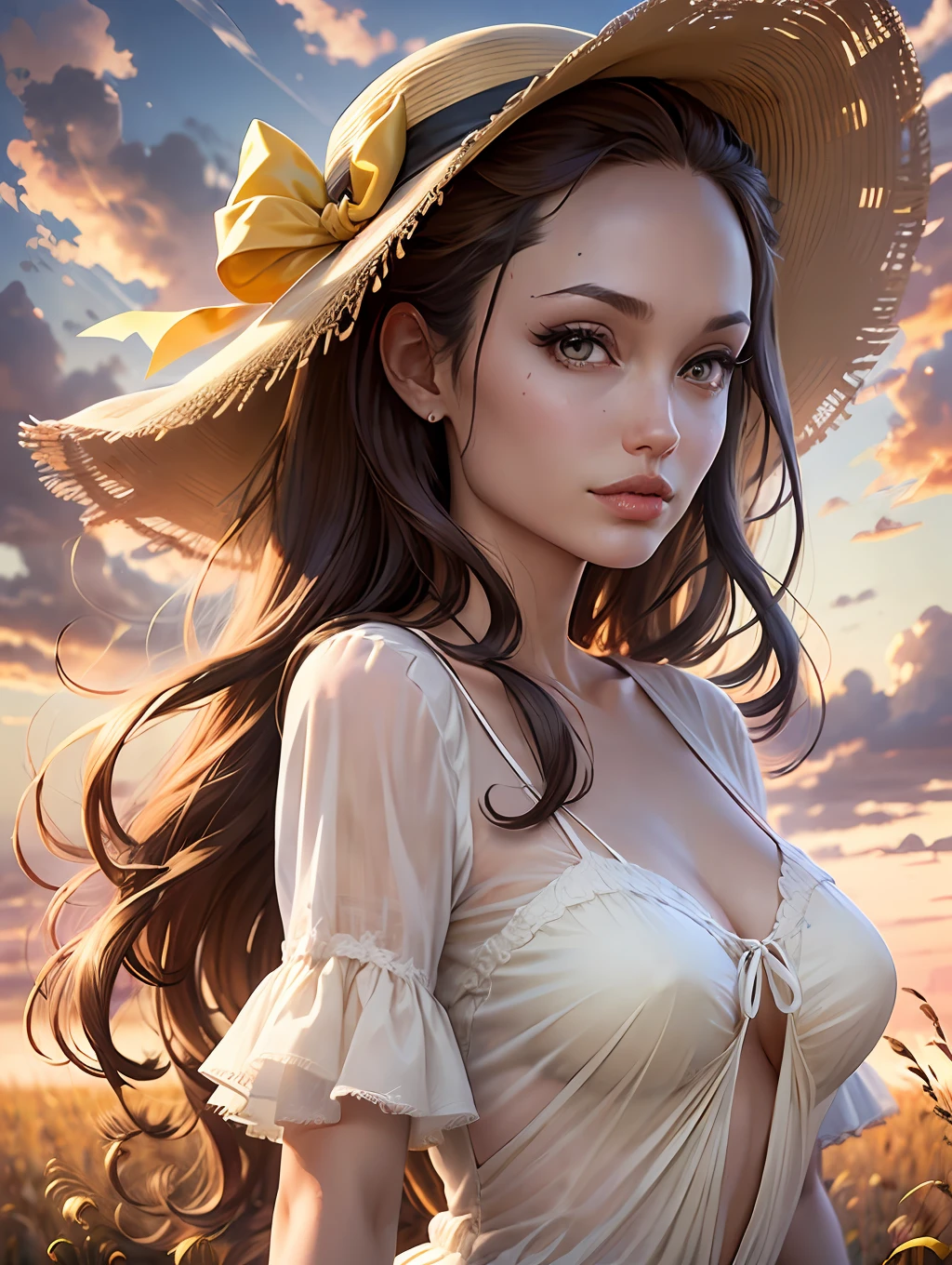 Original Characters, Natural Volumetric Lighting And Best Shadows, Deep Depth Of Field, Sharp Focus, Portrait Of Stunningly Beautiful  Girl, Soft Delicate Beautiful Attractive Face With Alluring Brown Eyes, Lovely Medium Small Breasts, Sharp Eyeliner, Seductive Smiling, Closed Mouth, Windswept Disheveled Brown Hair, Thick Layered Medium Hairstyles, Blush Eyeshadow With Thick Eyelashes, Parted Lips, Oversized Straw Sun Hat, Single Ribbon Bow, White Rustic One-piece Dress Long, (Flutter In The Wind:1.1), (Ripe Yellow Rye Field Under Beautiful Summer Sunset Sky With Clouds:1.2), (Highest Quality, Amazing Details:1.4), Masterpiece, Bloom, Picturesque, Vivid Watercolor Paintings --auto --s2