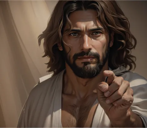 Um lindo retrato realista ultrafino de Jesus , o profeta, um homem 33 anos Hebreu moreno, with the palm of his hand pointed, cur...