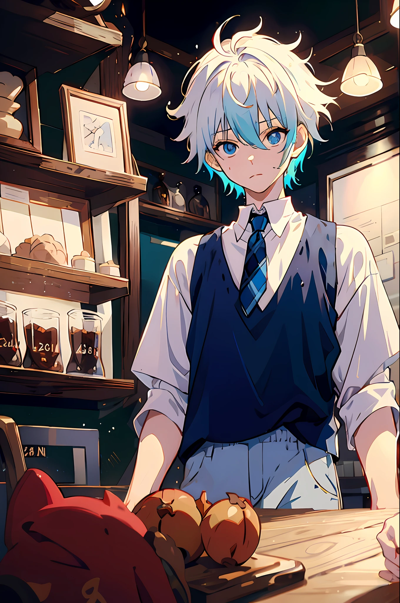 1boy, Killua_Zoldik, white colored hair, Cyan eyes, solo, focus, teenaged, foreshortening, soft light, Gym, weight gain, plaid shirt, brown shorts, in a cafe, at the table