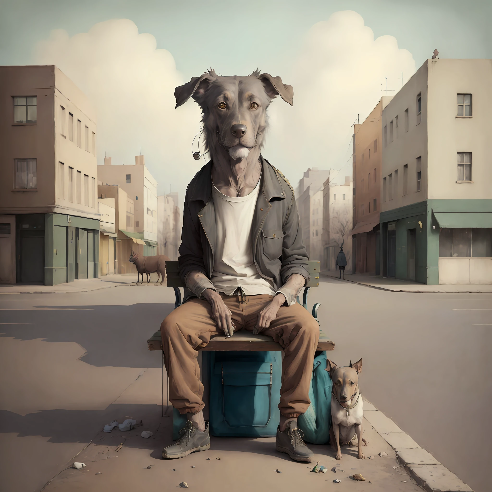 ((((très détaillé))))surréalisme, Minimalisme,Un sans-abri assis sur un banc,Un chien est assis à côté de lui