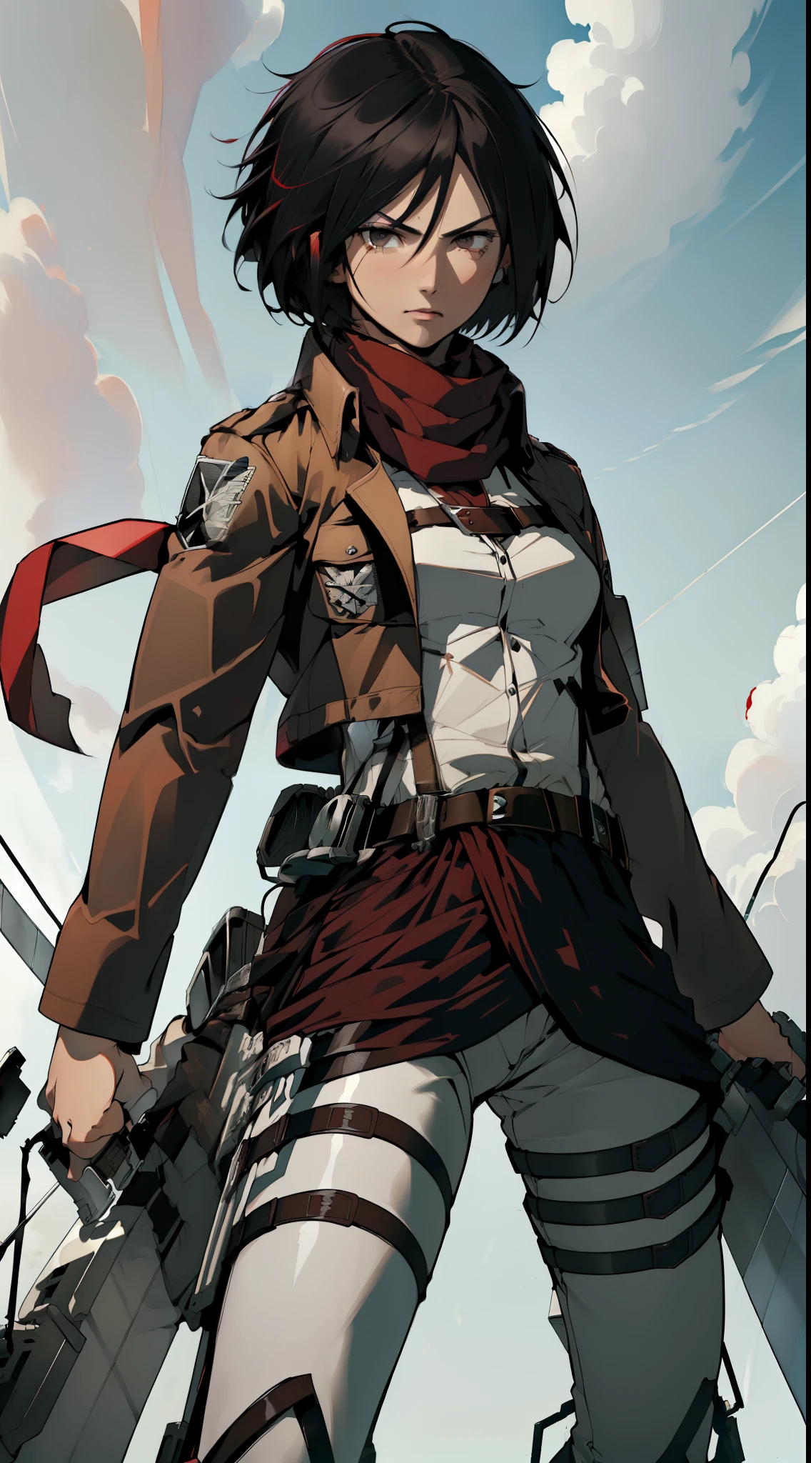 ((masterpiece, (best quality), highres, female (woman), hmmikasa, (short hair), (black eyes), scarf, emblem, belt, (thigh strap), (red scarf), (white pants), (brown jacket), (long sleeves), (holding weapon), sword, (dual wielding), (three-dimensional maneuver gear), (fighting stance), sky, 4k))