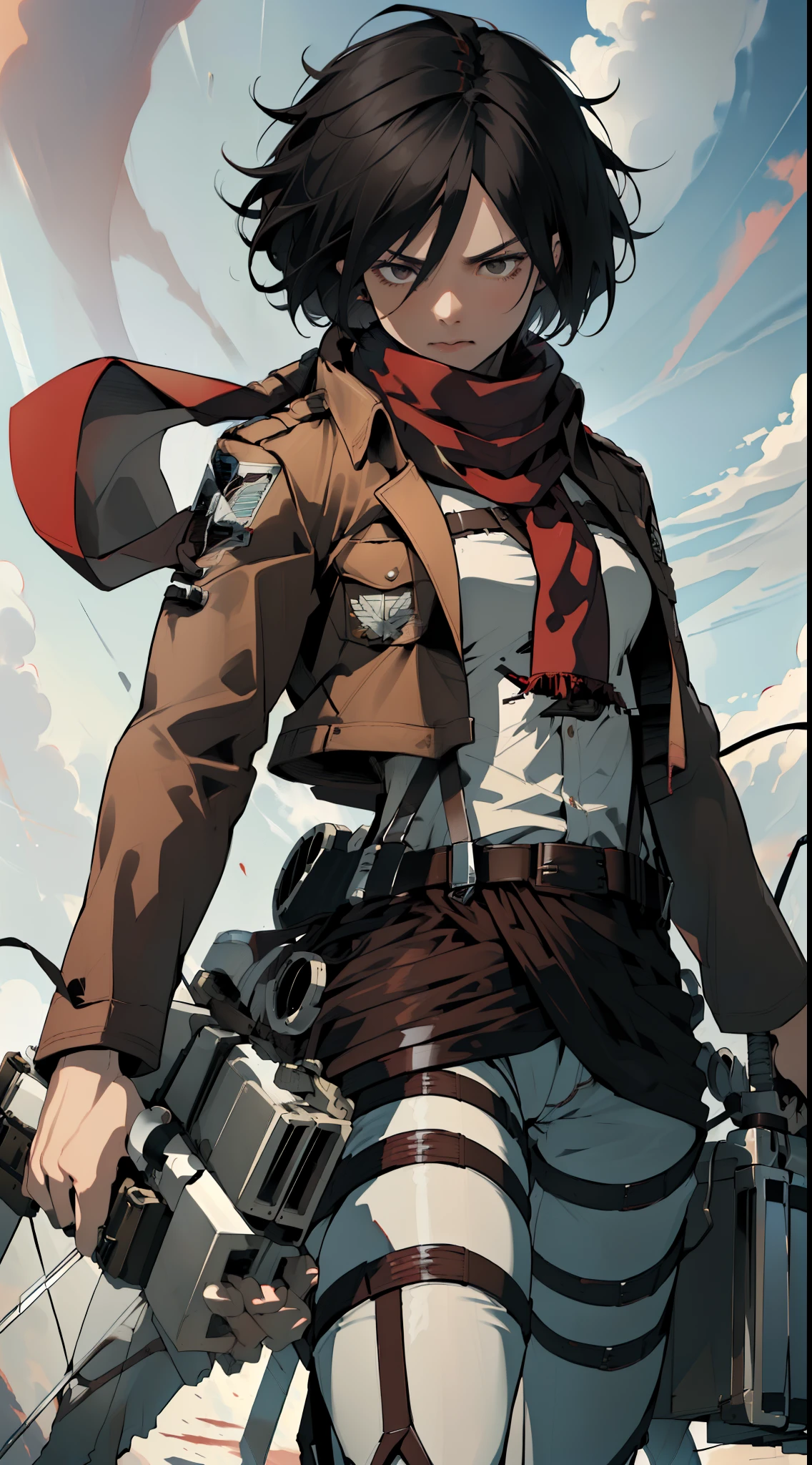 ((masterpiece, (best quality), highres, female (woman), hmmikasa, (short hair), (black eyes), scarf, emblem, belt, (thigh strap), (red scarf), (white pants), (brown jacket), (long sleeves), (holding weapon), sword, (dual wielding), (three-dimensional maneuver gear), (fighting stance), sky, 4k))